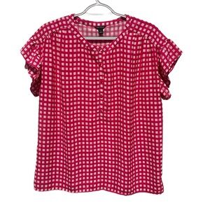 Ann Taylor Women’s Window Pane Plaid Short Flutter Sleeve Blouse Pink Medium
